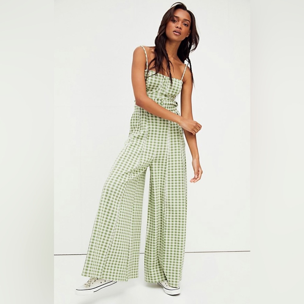 Free People Hold Me Tight Green Gingham Wide Leg Jumpsuit